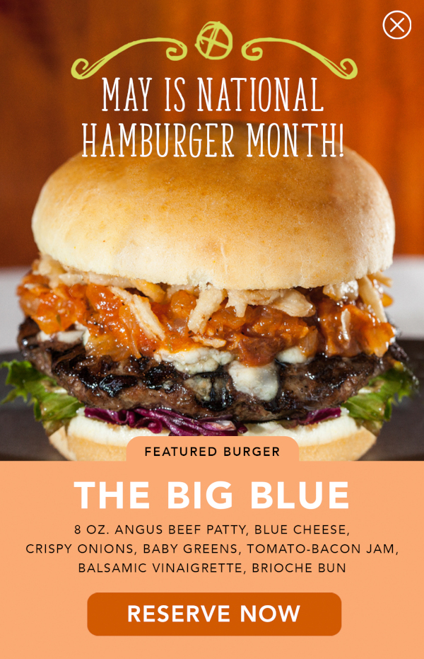 National Hamburger Month, reserve today and try "the Big Blue" burger